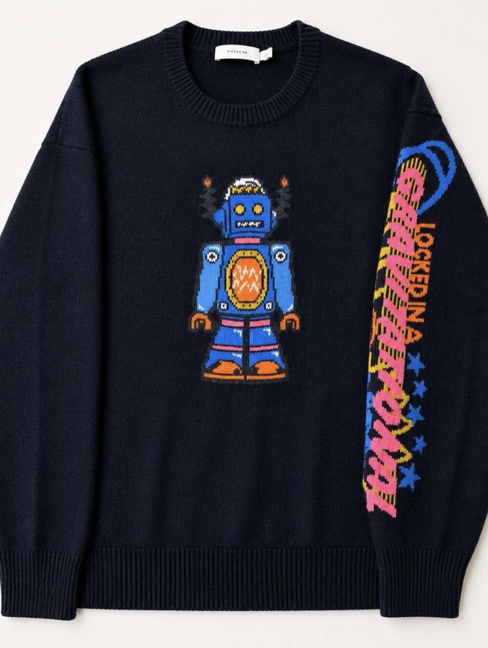 Coach Cosmic Sweater with Colorful Robot and Sleeve Graphic